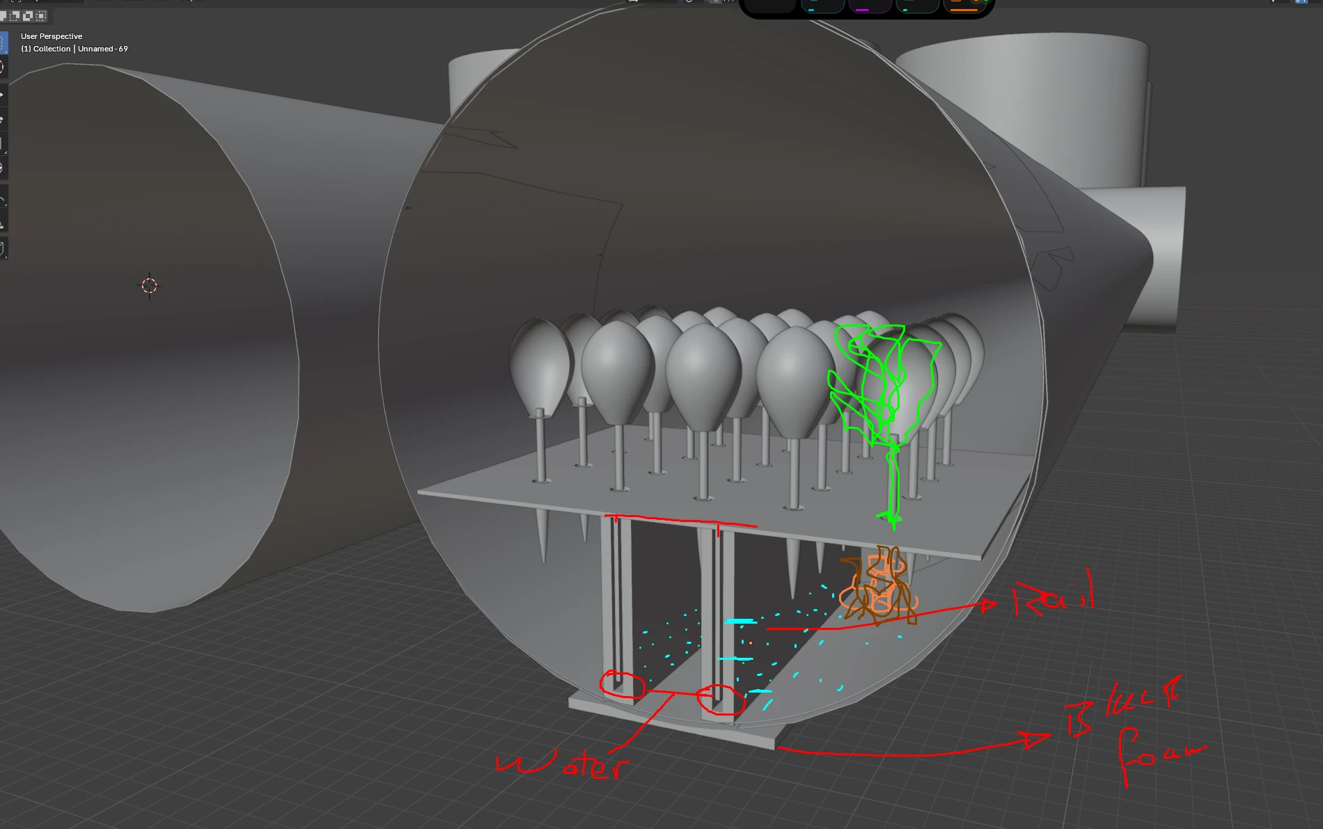 Annotated Blender working model of the agricultural tube