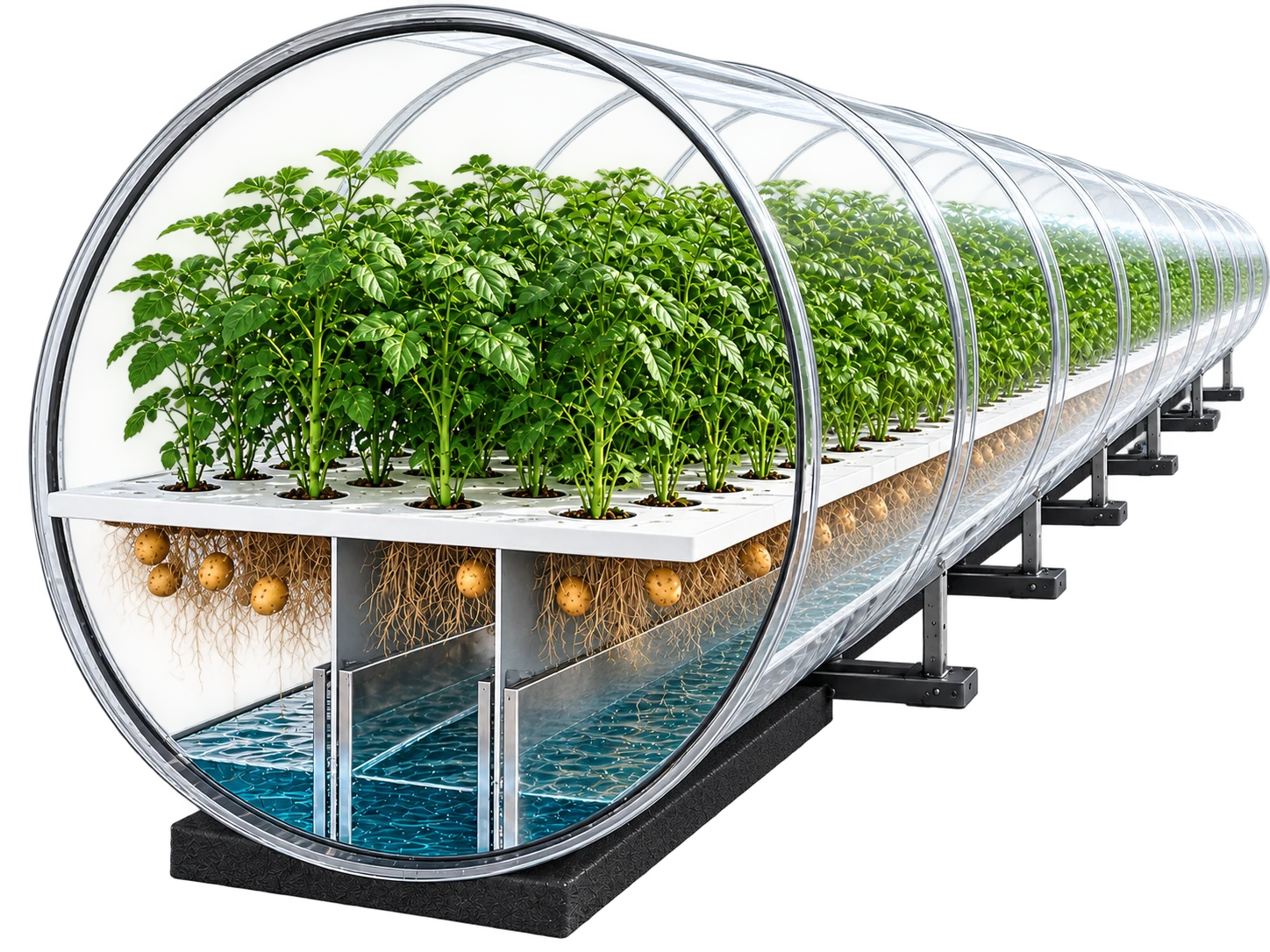 Transparent cylindrical agricultural tube showing foliage roots tubers and water